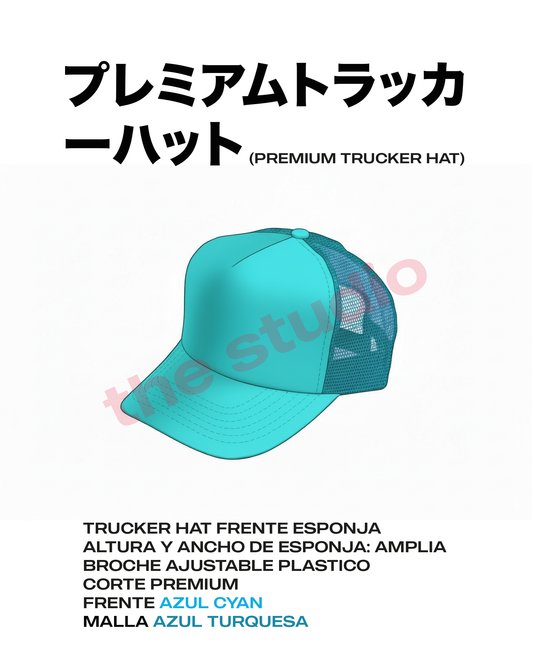 TRUCKER HAT FRENTE CYAN MALLA TURQUESA (NUEVO COLOR)