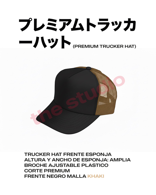 TRUCKER HAT FRENTE NEGRO MALLA KHAKI